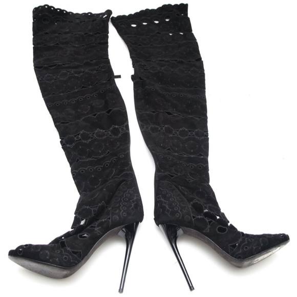 TOM FORD Suede Boots Boot Black Over The Knee Leather Cut  TOM FORD Black Suede Over The Knee Leather Cut Out Peep Toe Sz 38